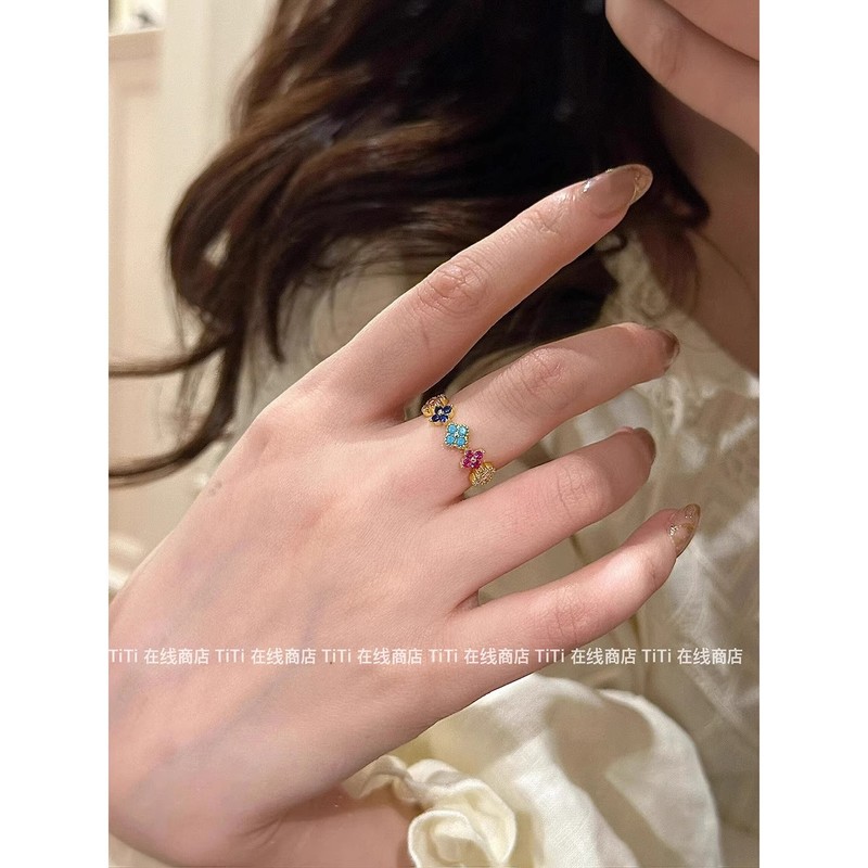 ドーパミンカラーのレインボー四つ葉のクローバーリング、女性用ニッチデザイン、ハイエンドの軽い贅沢、絶妙で多用途なリング|undefined