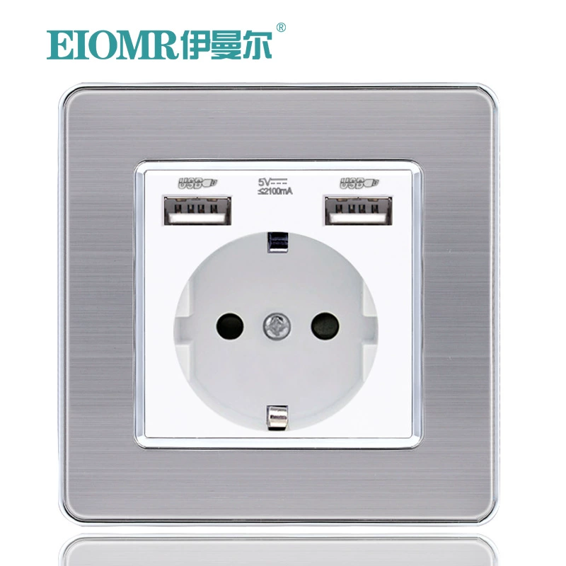 Европейская панель настенного розетка, двойной USB, стандарт Франции/Германии, варианты из прозрачного стекла и нержавеющей стали