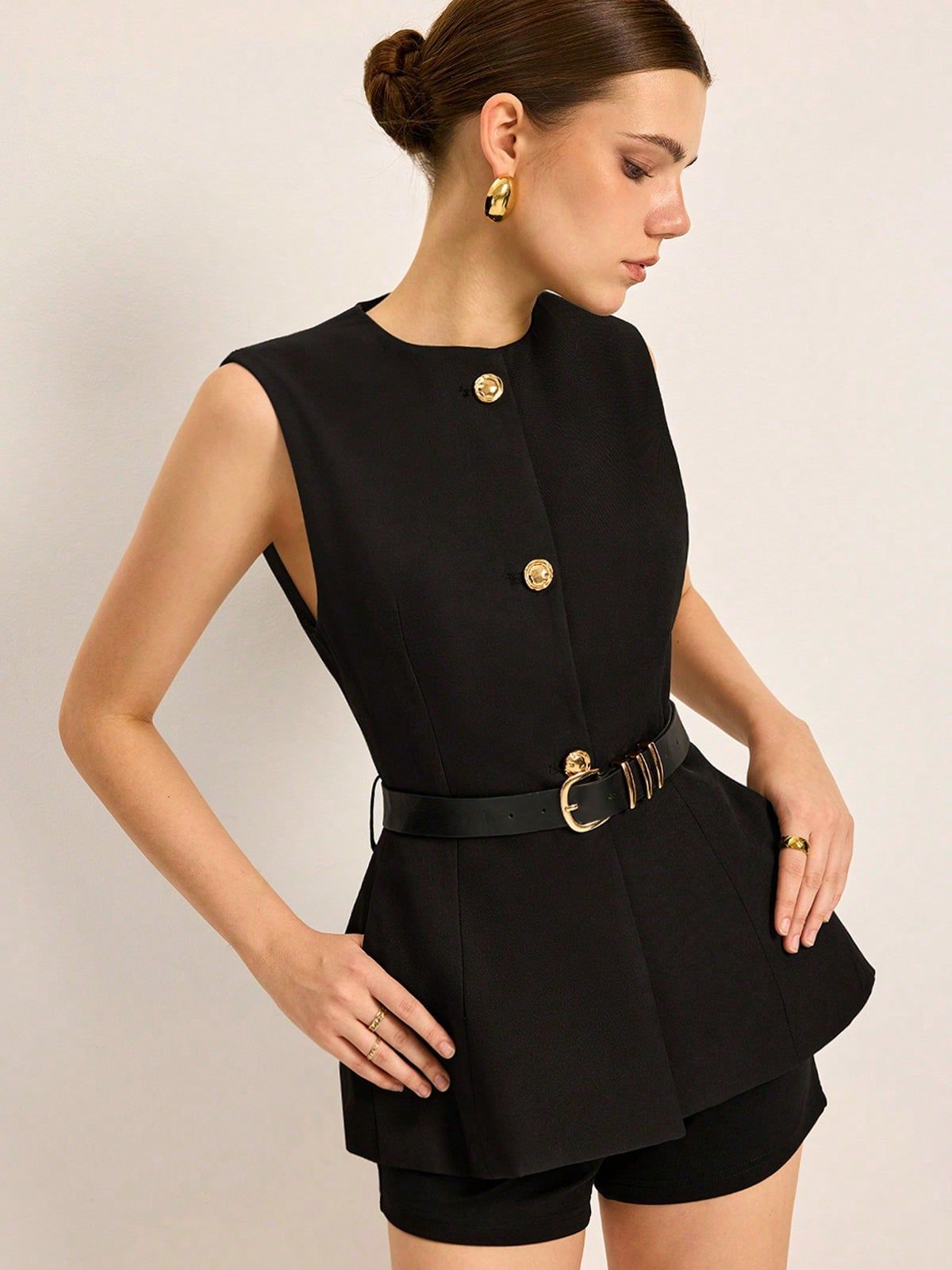 Women's Sleeveless Vest Round Neck Top With Waistband American Style Spring New Collection Regular Polyester_ecoleips.com