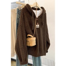 2025美拉德咖色连帽套头毛衣外套女秋冬古着复古慵懒针织衫上衣