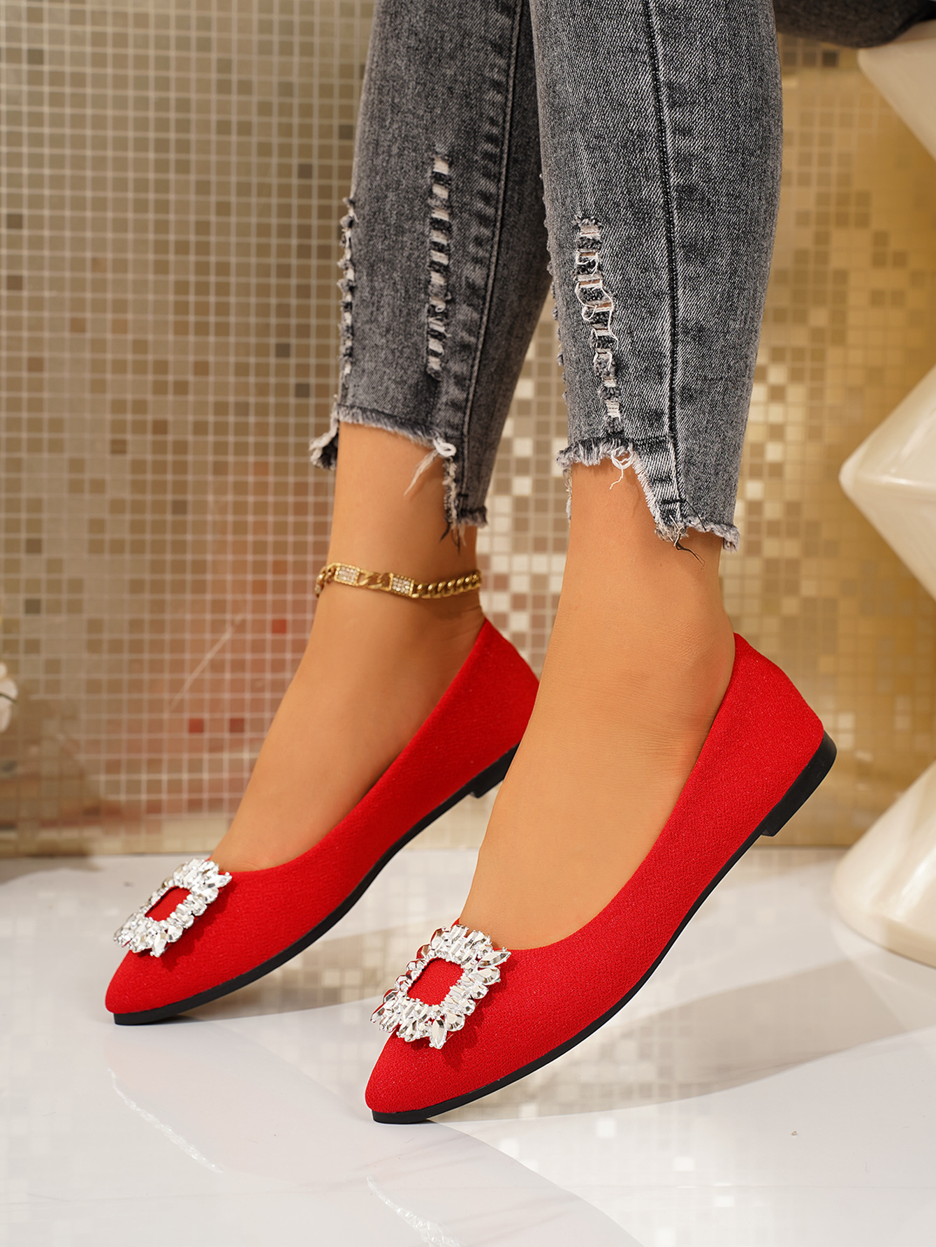 Women's Plus Size Slip-On Flat Shoes Pointed Toe Rhinestone Square Toe Casual Brown PU Spring Season_vogvips.com
