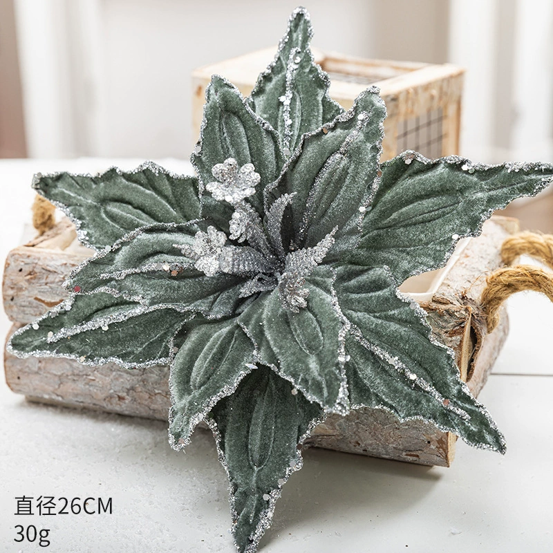 Вельветовая декоративная poinsettia (цветок) 26 см, блестящая окантовка, красный/зеленый/платиновый/шампанское золото