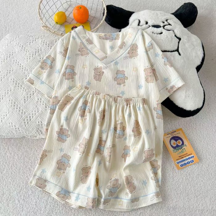 Vietnam transfronterizo al por mayor verano nuevo pijama de algodón con nube con cuello en V pantalones cortos de manga corta para mujer traje de servicio a domicilio para estudiantes de dibujos animados