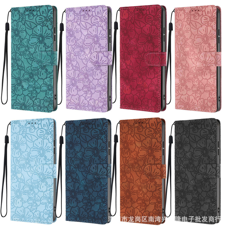 Cross-Border Applicable iPhone 17 Anti-Drop Protective Leather Case Samsung S26 Cherry Blossom Embossed Pattern Card Slot Wallet Protective Case