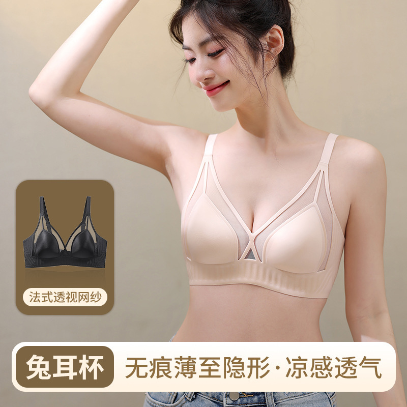 Original New Hot-Selling French Mesh Underwear Women's Thin Large Breasts Showing Small Push-Up Summer Seamless Sexy Bra