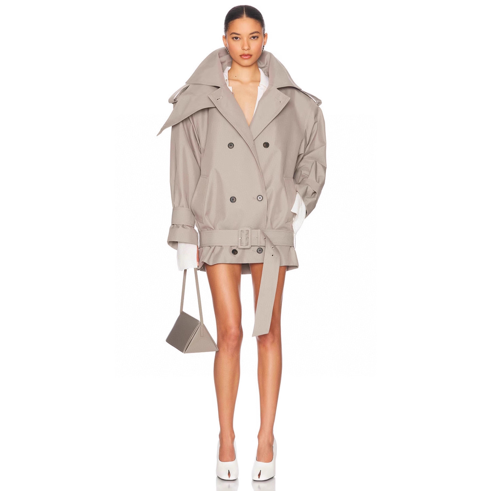 Helsa Style Gray-Brown Double-Breasted Trench Coat with Exaggerated Shoulder Pads, Square Silhouette, Mid-Length Design