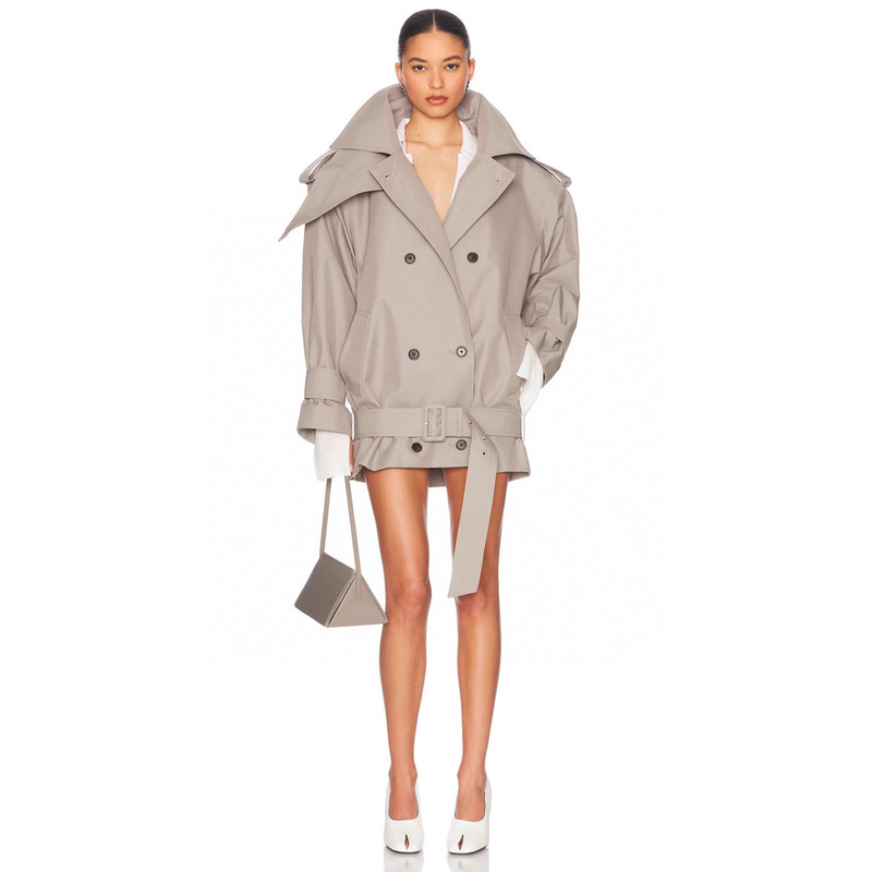 Helsa Style Gray-Brown Double-Breasted Trench Coat with Exaggerated Shoulder Pads, Square Silhouette, Mid-Length Design