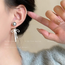 小众冷淡风珍珠蝴蝶结耳环女S925银针秋冬新款气质名媛耳钉耳饰品