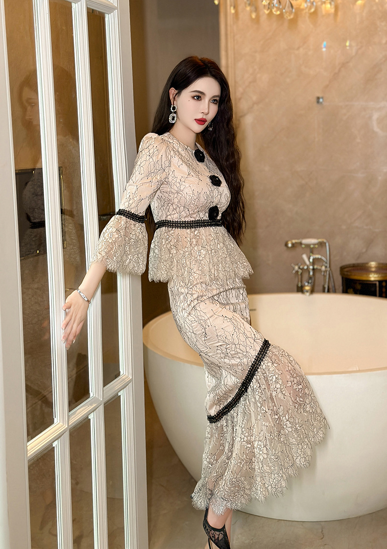 Bộ hai món áo tay chuông bèo nhún và chân váy đuôi cá ôm hông thiết kế mới mùa hè — Màu trà sữa chi tiết 11