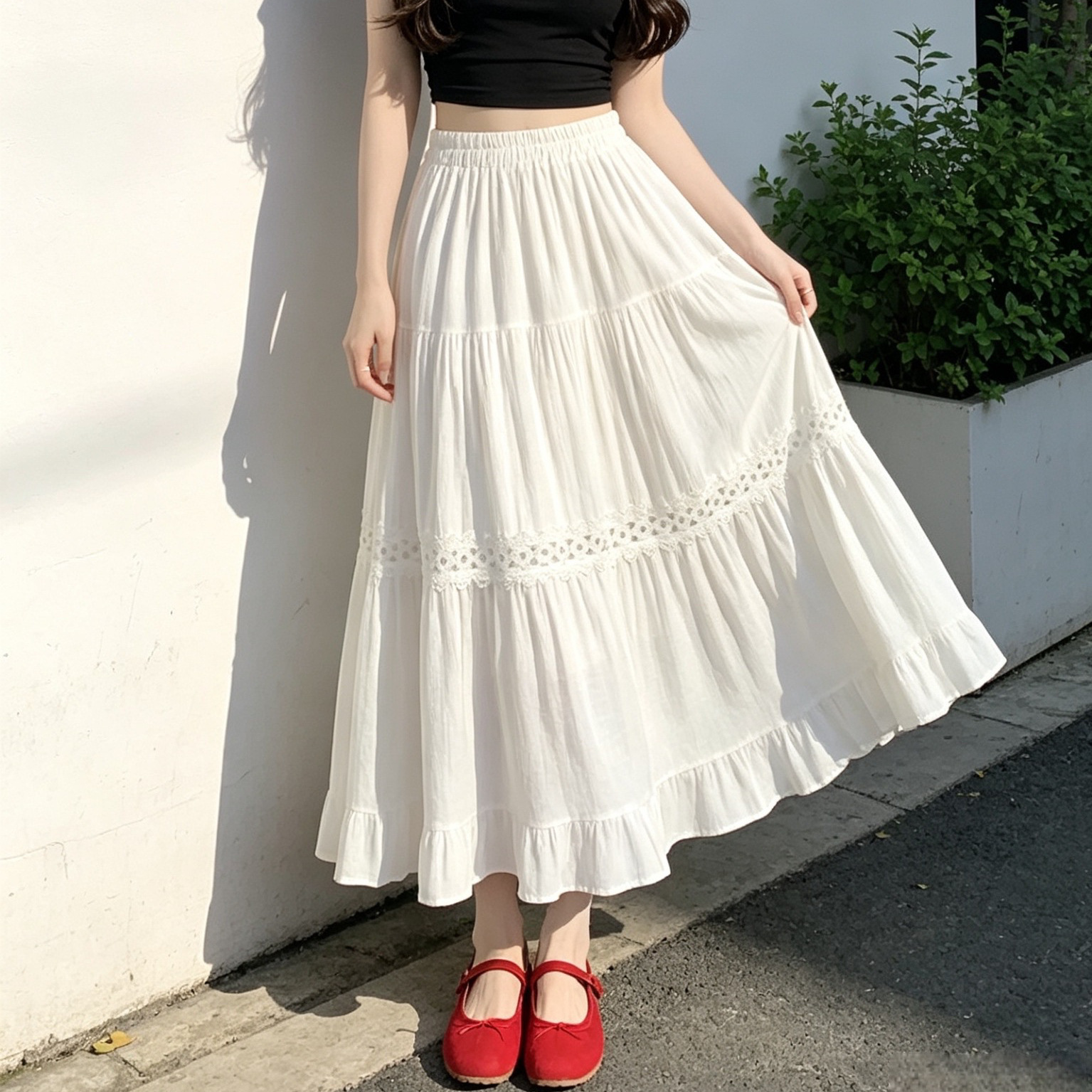 白色蕾丝镂空蛋糕半身裙女夏季高腰显瘦a字长裙小个子温柔大摆裙