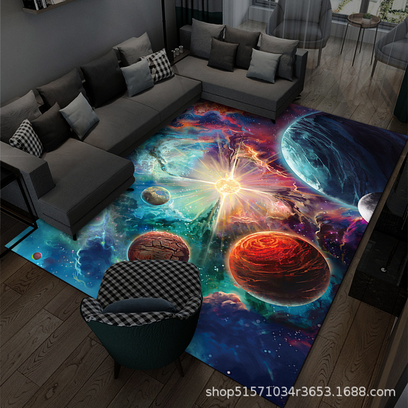 En stock transfronteriza tridimensional planeta alfombra 3D de dibujos animados universo habitación dormitorio alfombra de piso sala de estar alfombra completa se puede enviar en nombre