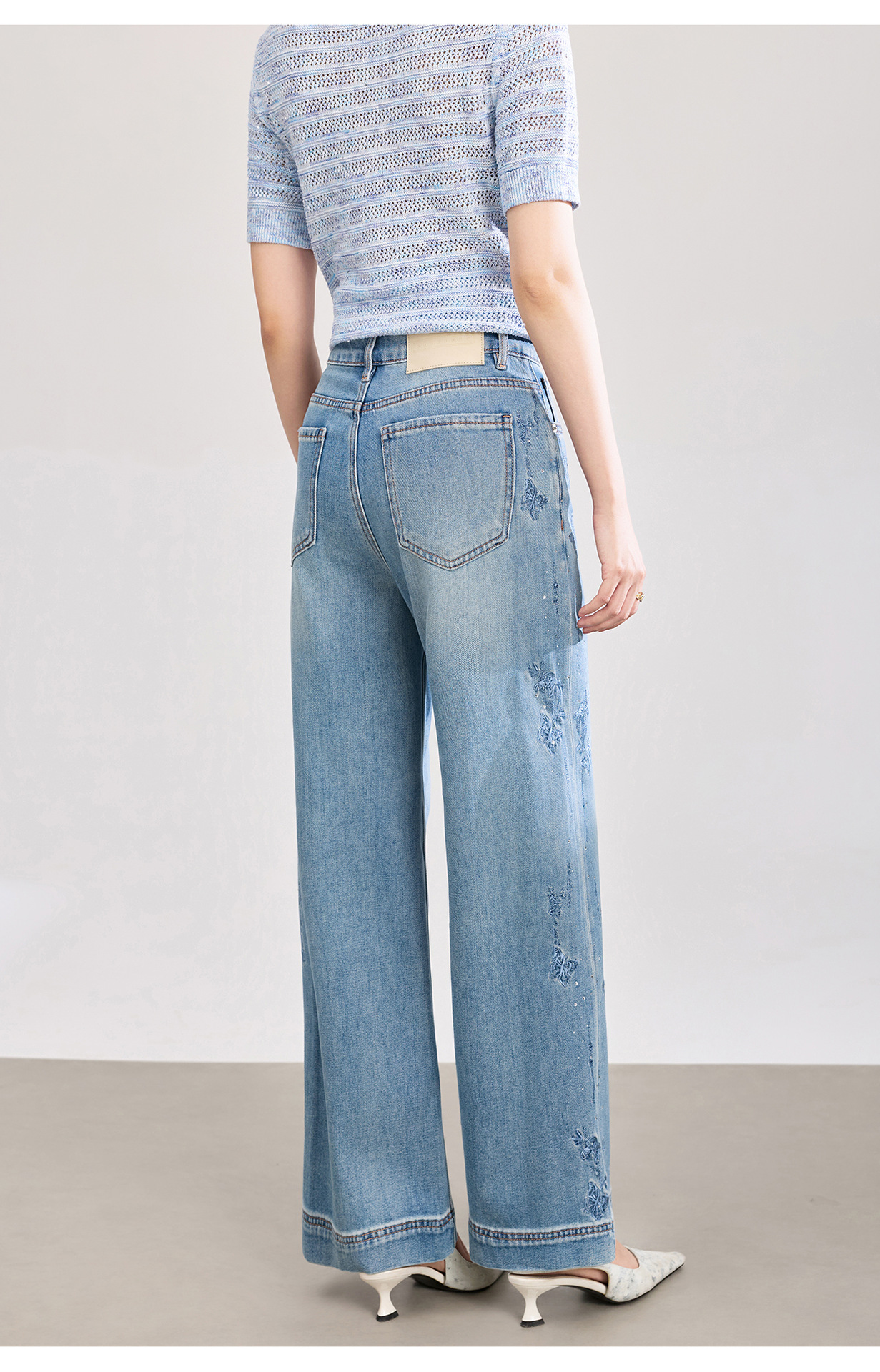 Quần jean nữ ống rộng chất liệu cotton phối lụa, thêu bướm đính kim cương — xanh lam chi tiết 26