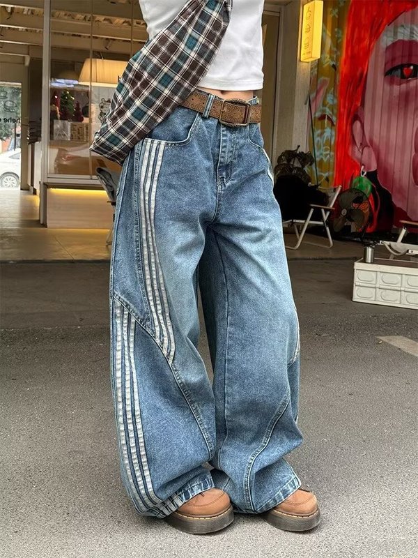 阔腿牛仔裤女2025年春夏新款复古显瘦百搭胖mm梨形身材杠条直筒裤|undefined