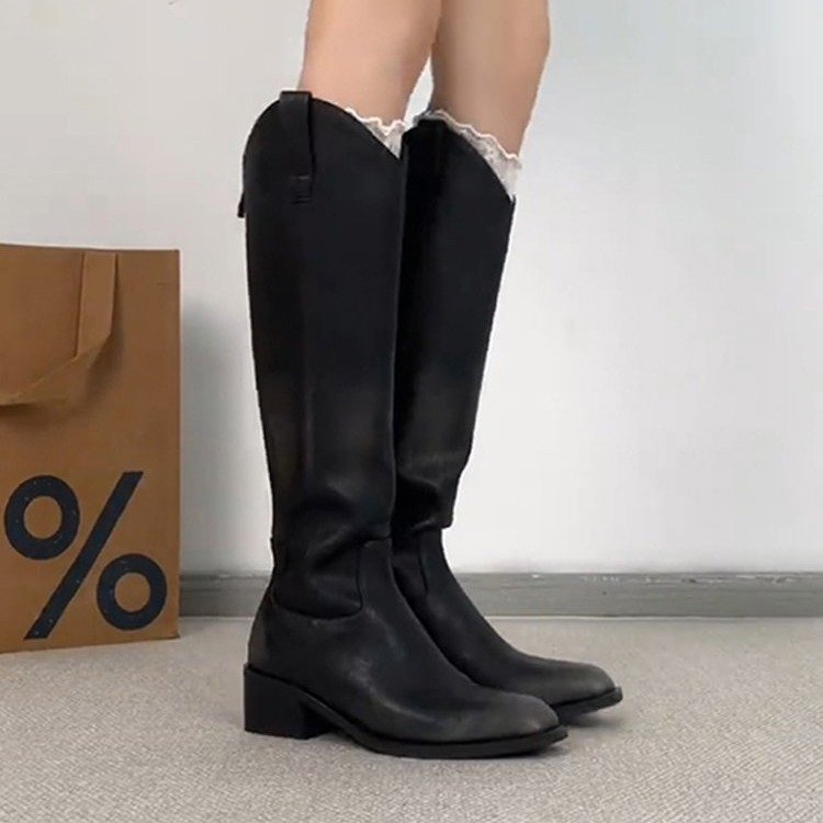 牛皮版~靴子女长筒靴2025新款擦色V口宽筒显瘦后拉链粗跟骑士靴子|undefined