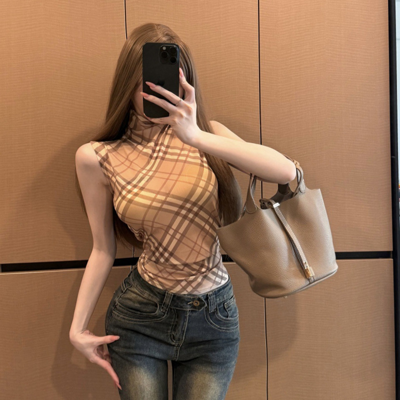 Summer Pure Lust Plaid Mesh Half Turtleneck Vest Two-Piece Suit with Fixed Belt, Chest Pad, Waist Slimming Look Top Summer Pure Lust Plaid Mesh Half Turtleneck Vest Two-Piece Suit with Fixed Belt, Chest Pad, Waist Slimming Look Top