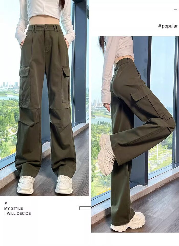 Quần cargo ống thẳng nữ dáng suông lưng cao phong cách thoải mái — Kaki (người đàn ông nhỏ), Kaki (thông thường), Màu đen (thân hình nhỏ), Màu đen (thông thường) chi tiết 29