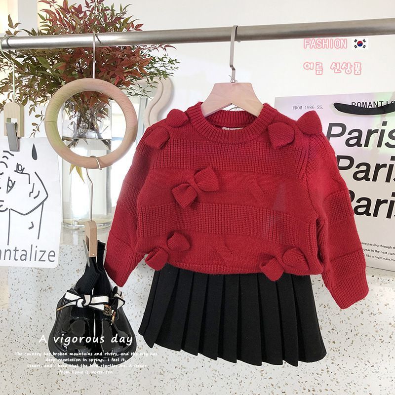 Spring children's red base body-friendly knitted sweater with bow