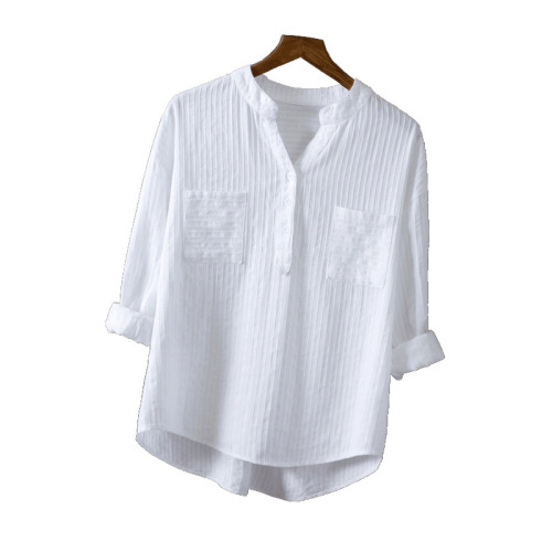 Women's Long-Sleeve Pure Cotton White Shirt with Loose Casual Design V-Neck Blouse for Outerwear