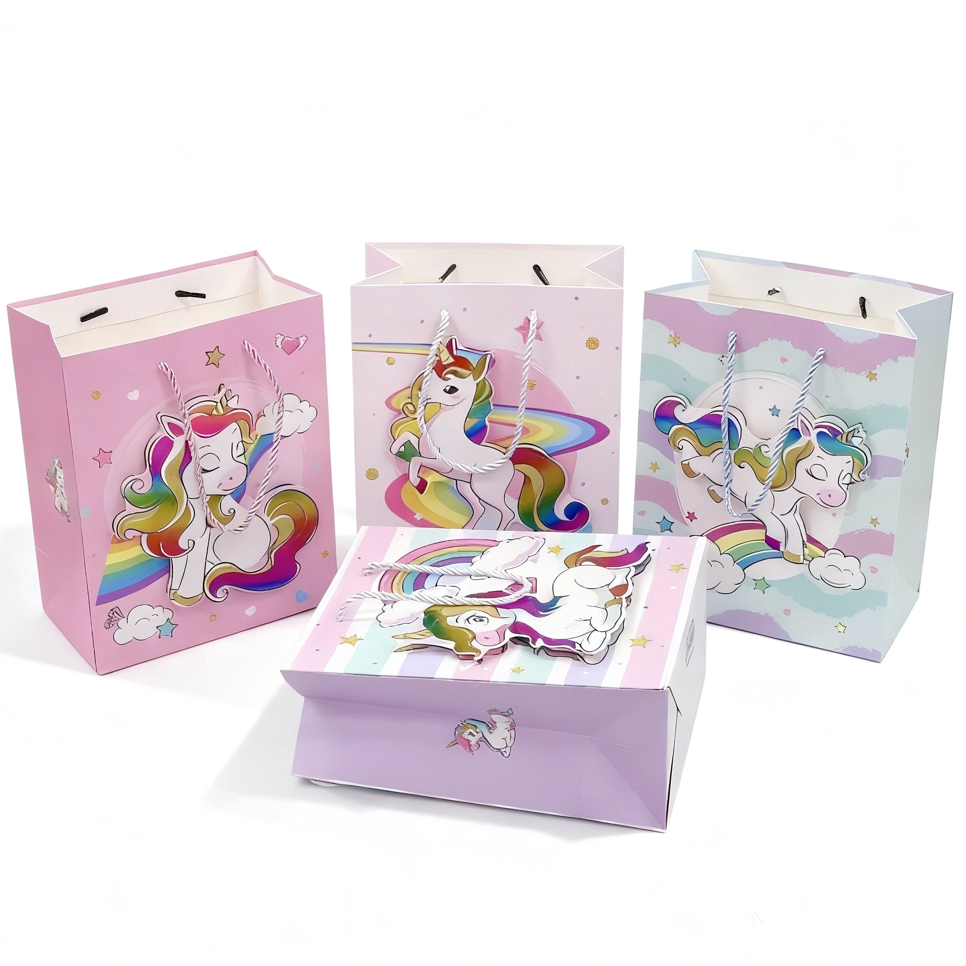 Fábrica de origen unicornio cartón de dibujos animados conjunto de bolsas de regalo artesanal estereoscópico para niños y niñas corazón de cumpleaños mano bolsa de regalo