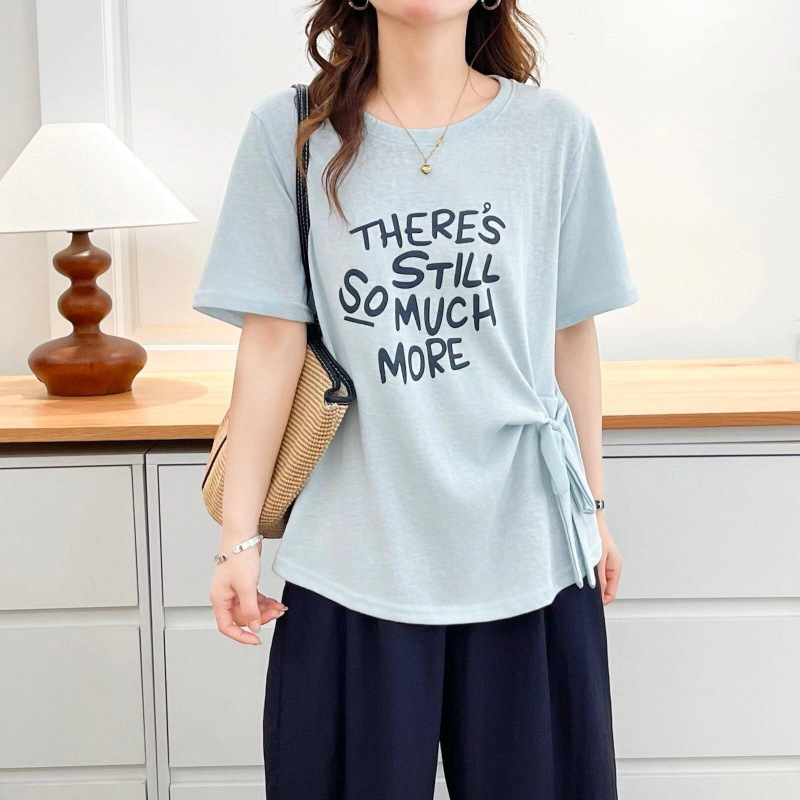 Plus-Size Women's Versatile Loose-Fitting Slimming and Age-Reducing Tops for Slightly Chubby Girls, Simple Style Letter Print Tie-Up Short-Sleeve T-Shirt Plus-Size Women's Versatile Loose-Fitting Slimming and Age-Reducing Tops for Slightly Chubby Girls, Simple Style Letter Print Tie-Up Short-Sleeve T-Shirt