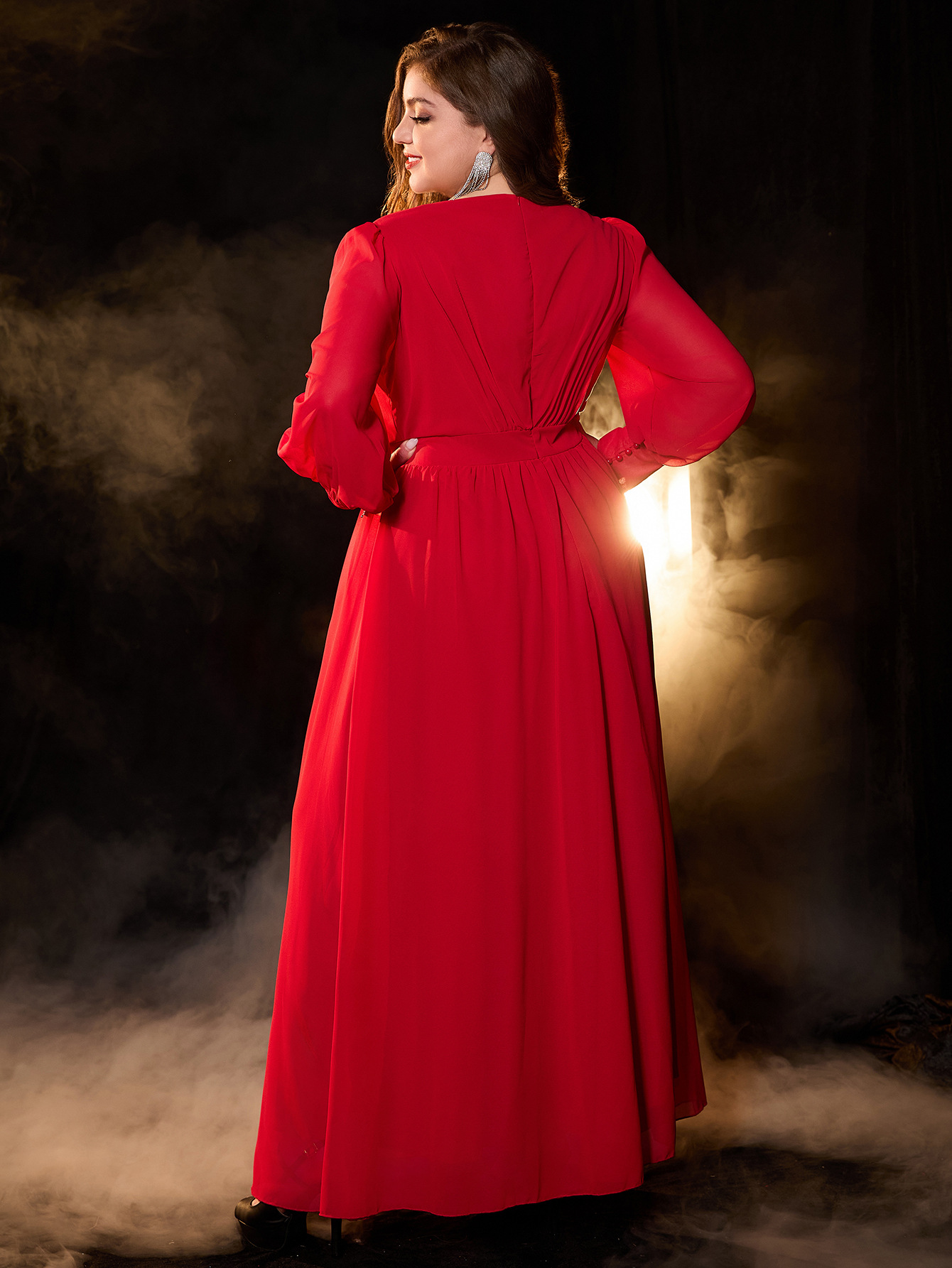 Vestido de talla grande, nuevo vestido largo de gasa con cuello en V y manga larga para mujer, exclusivamente para venta al por mayor transfronteriza.