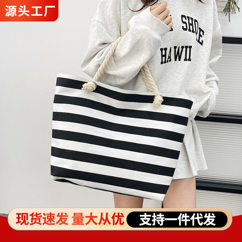 跨境时尚条纹帆布女包日系文艺范大容量女士手提包单肩包现货现发