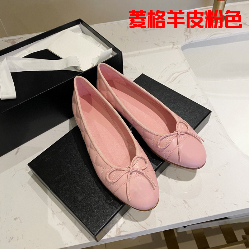 小香风新款真皮拼色蝴蝶结女鞋小香单鞋女平底圆头浅口鞋芭蕾舞鞋|undefined