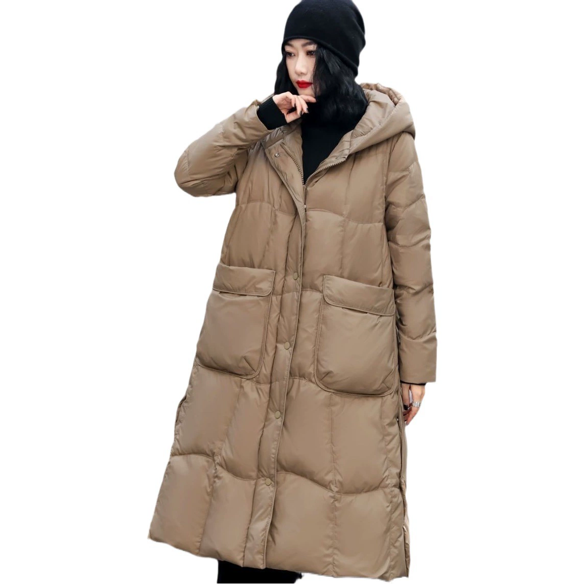 Простая белая куртка из утиного пуха, длинная зимняя, 90% пух, с капюшоном, корейская версия, приталенная, повседневная, модная, с большими карманами.