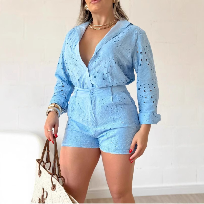 New Women's Fashion 2 Piece Set Casual Solid Color Long Sleeved Top And Hollow Shorts_voghion.com