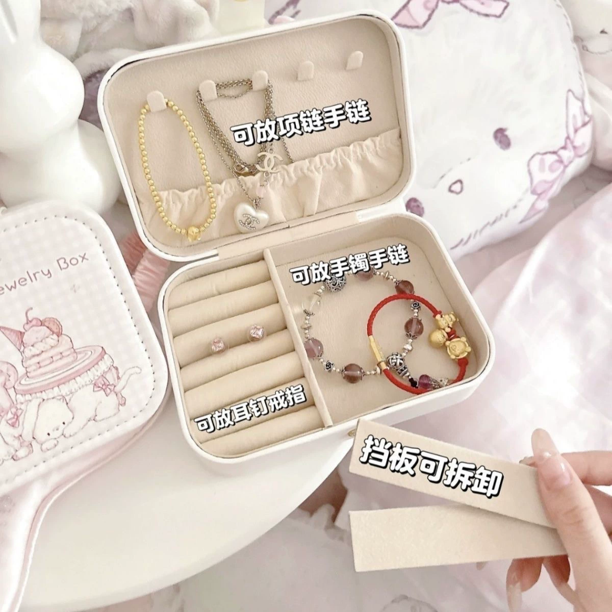 Travel Jewelry Box, Rectangular White Handheld Storage System, Compact with Ring Rolls & Compartments