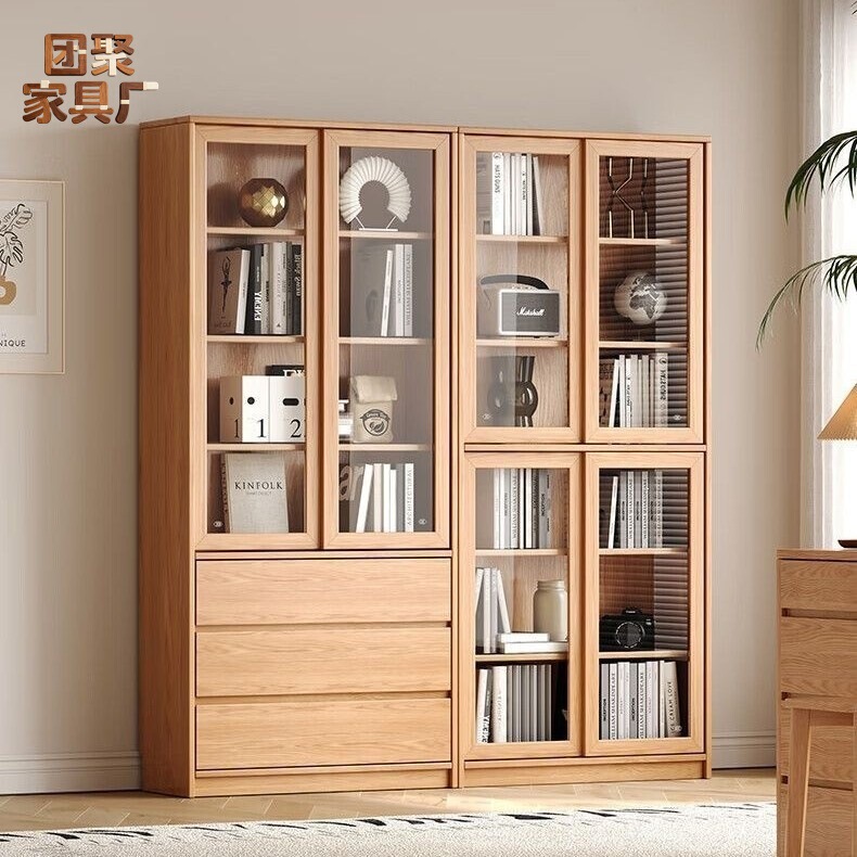 Solid oak bookcase with sliding doors, light luxury with glass shelves, simple modern design for home use in bedroom or study