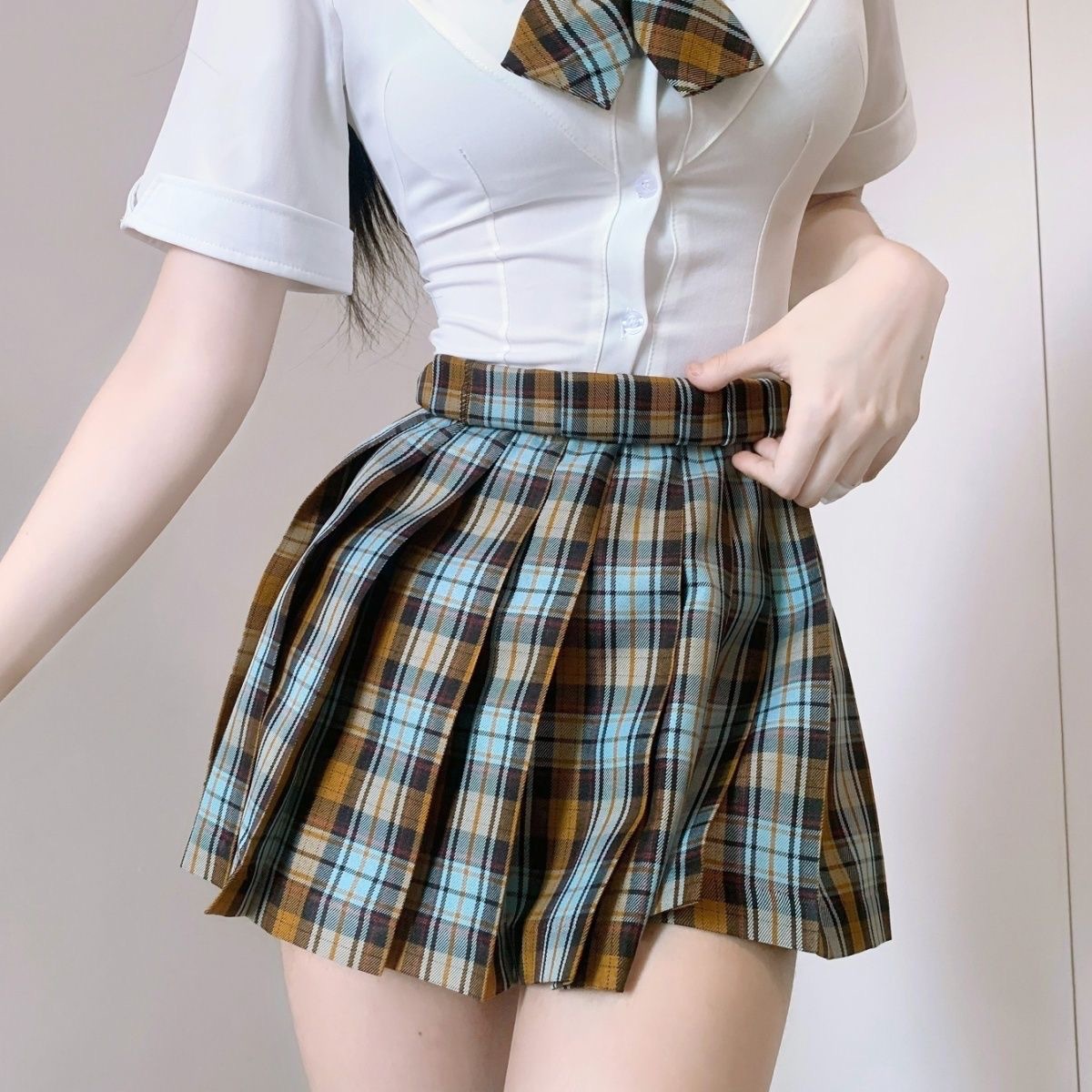 반팔 오리지널 일본 대학 톱 JK 여름 유니폼 셔츠 동일 그리드 주름 치마 슬림 세트 여름 뉴