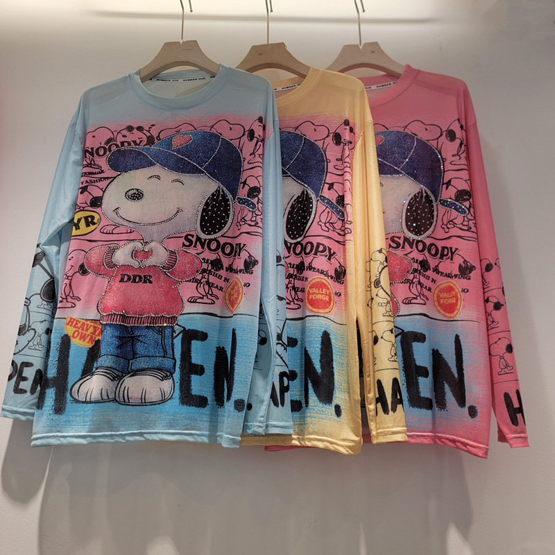 2026 Summer New Sweet and Cool Style Cartoon Print Long-Sleeve T-Shirt with Heavy-Duty Rhinestones and Sequins, Loose Fit and Slimming Effect