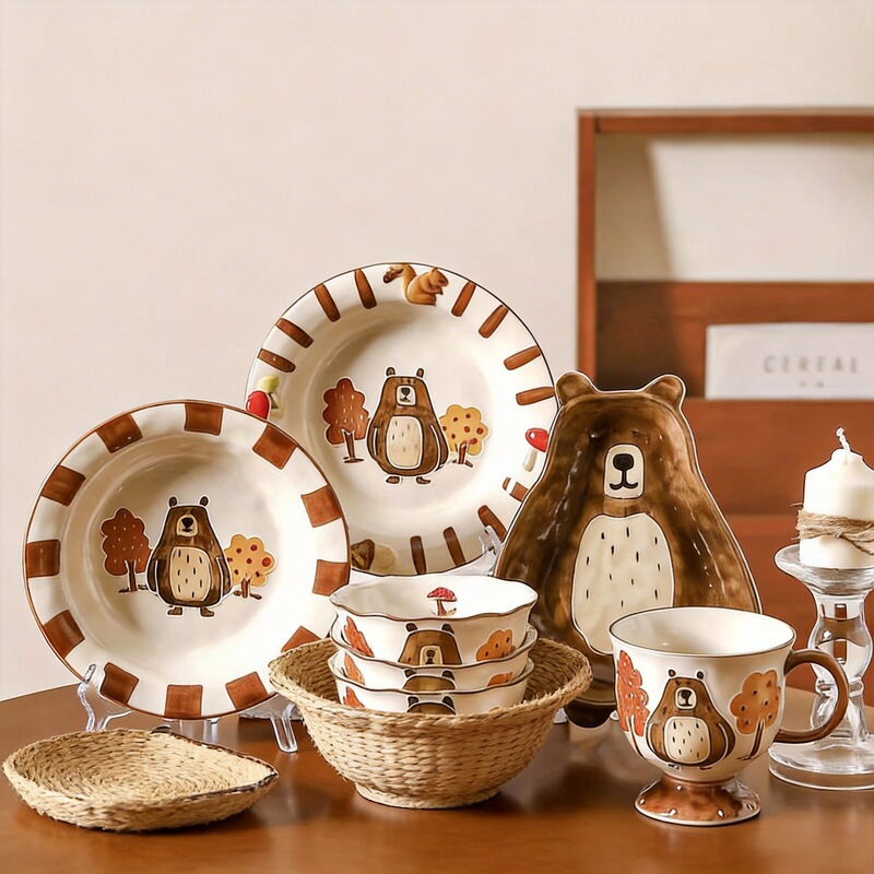 Ins Cartoon Cute High-Looking Dish Set Ceramic Tableware Household Bowl Plate Instant Noodle Bowl Soup Bowl Underglaze Color