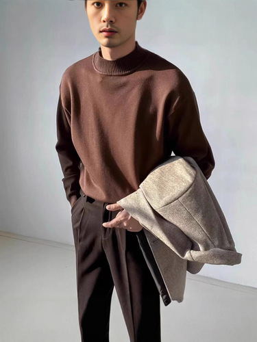 Men's half-length crew neck solid color sweater, slim-fit youth base knitwear, autumn and winter men's knitwear.
