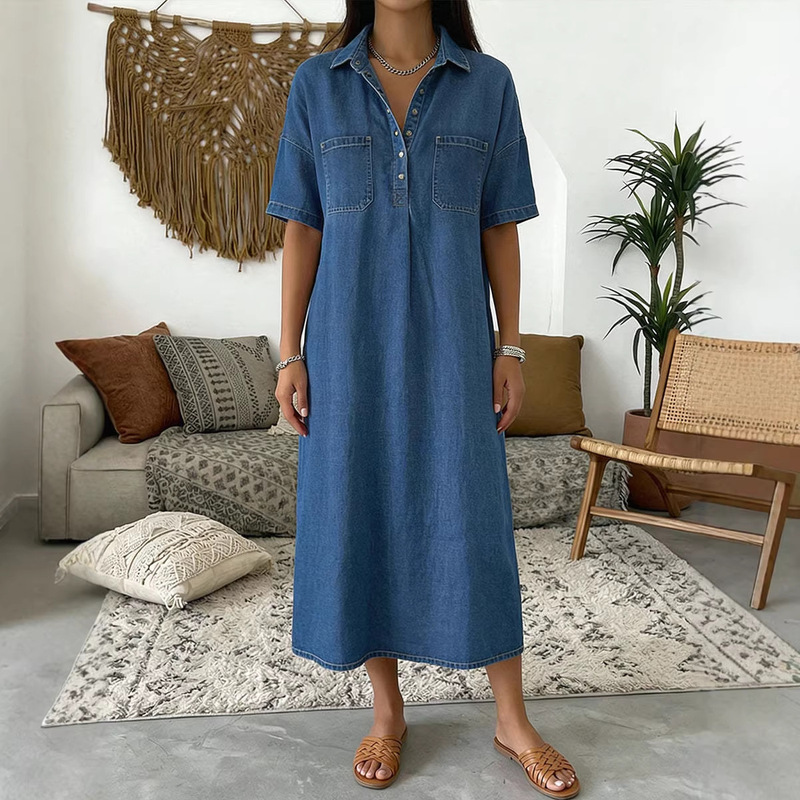 2026 Amazon Cross-Border Independent Site European and American Casual Work Clothing Comfortable Loose V-Neck Faux Denim Women's Dress 2026 Amazon Cross-Border Independent Site European and American Casual Work Clothing Comfortable Loose V-Neck Faux Denim Women's Dress