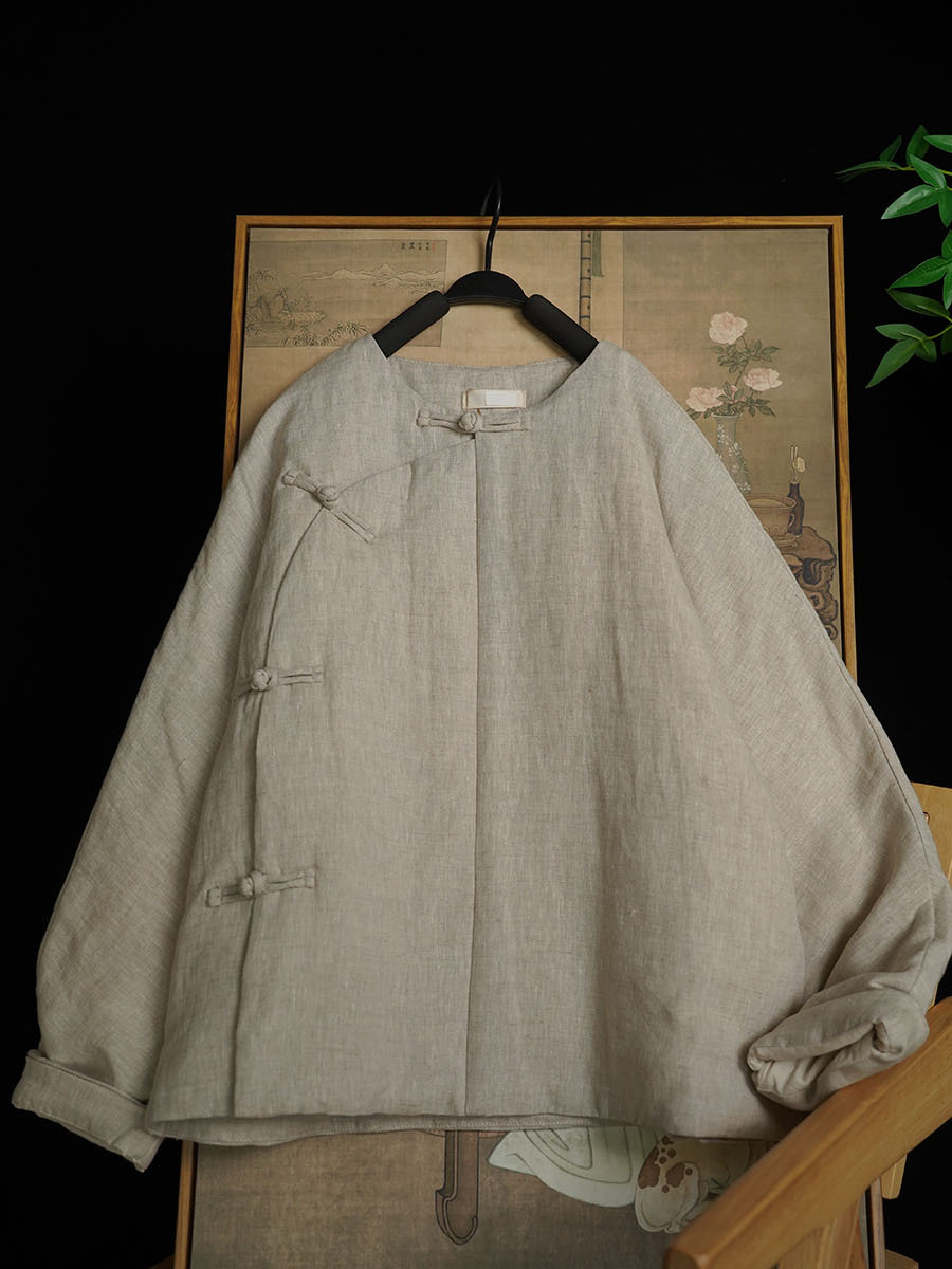 2024冬の新型復古風純色亜麻丸襟斜襟手回しボタン側開綿服351x