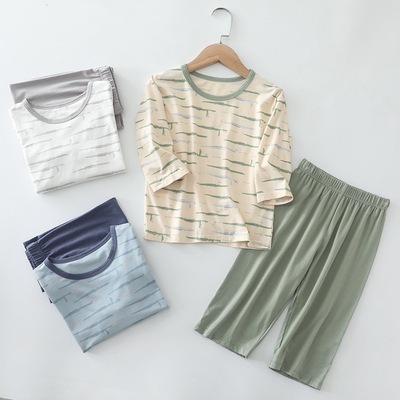 2021 Spring and summer new pattern Boy Home Furnishing Suits Children summer Three Quarter Sleeve T-shirts Air conditioning service suit