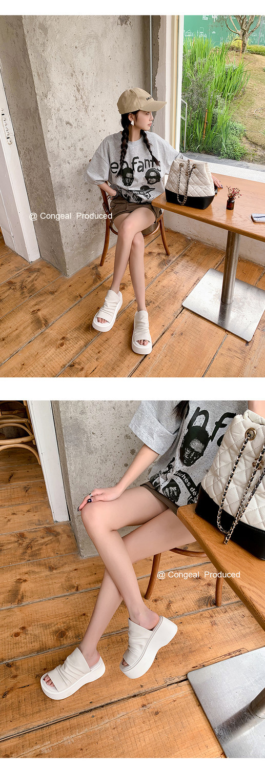Dép sandal nữ hở mũi đế dày xếp li phong cách La Mã — đen, trắng chi tiết 18