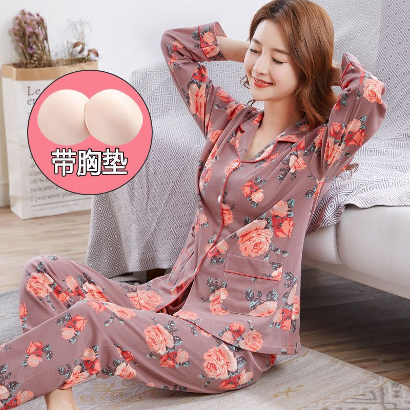 Pijamas de algodón con almohadillas para el pecho para mujer, pantalones de manga larga para primavera y otoño, trajes finos de talla grande para primavera y otoño, ropa para el hogar