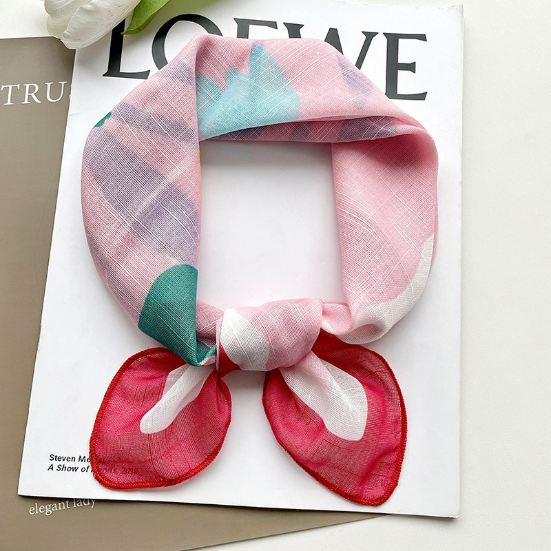 58 algodón y lino pequeña bufanda cuadrada estilo coreano de las mujeres fresco floral artístico elegante todo-fósforo decorativo pequeña bufanda banda de pelo bufanda