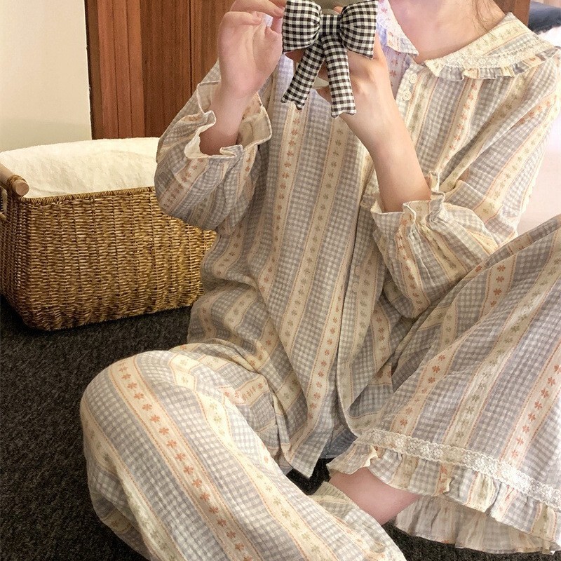 Korean Ins Simple, Gentle, Sweet Blue Plaid Floral Navy Style Pure Cotton Home Wear Pajama Set Korean Ins Simple, Gentle, Sweet Blue Plaid Floral Navy Style Pure Cotton Home Wear Pajama Set
