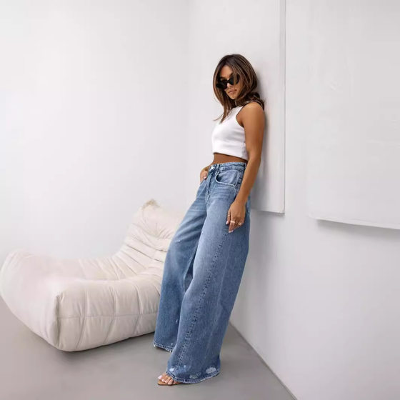 American Retro Straight Ripped Jeans Women's European and American Cross-border 2024 Summer New Foreign Trade Wide Leg Pants in stock