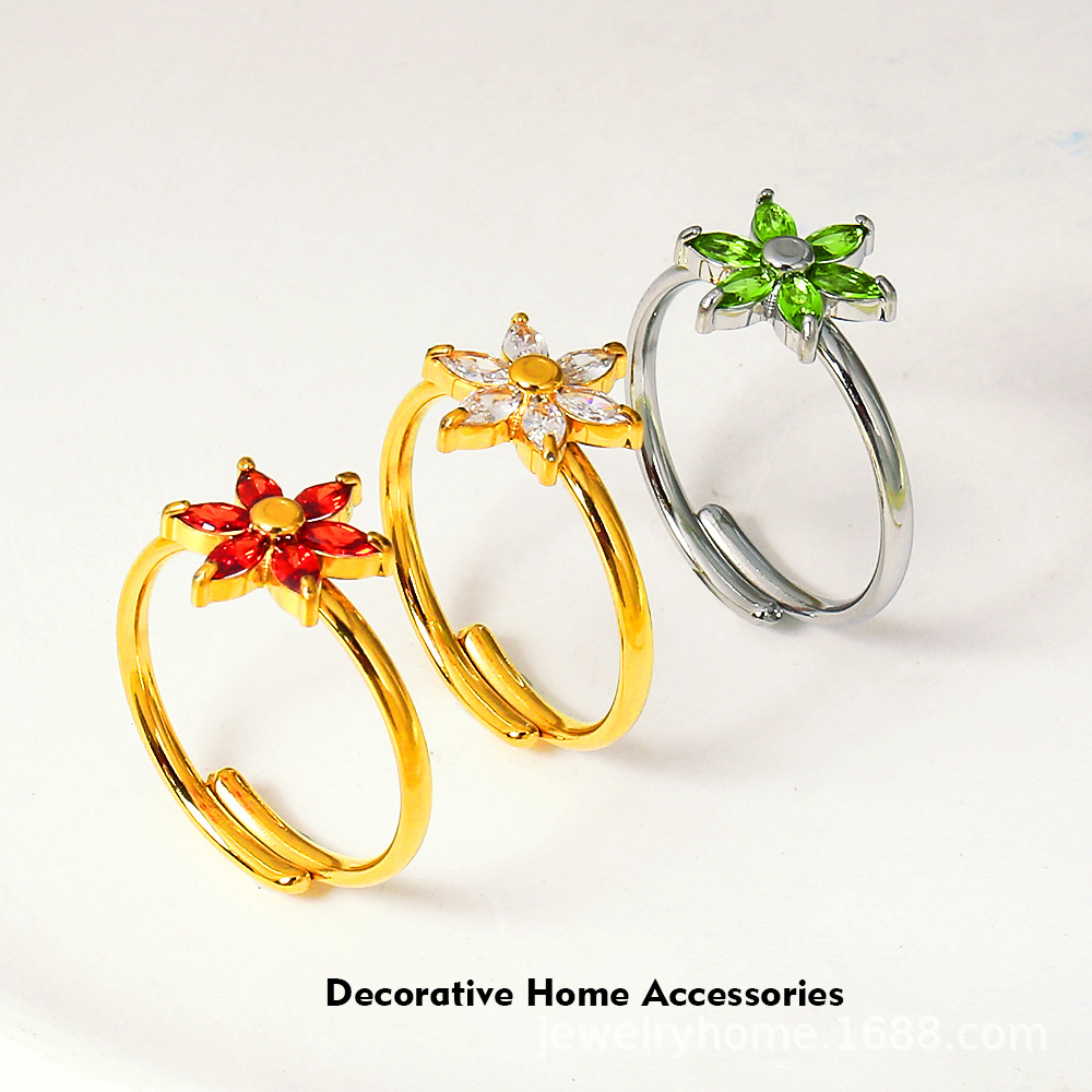 Gold Stainless Steel Niche Non-Fading Adjustable Flower Zircon Jewelry Ring for Women, Light Luxury High-End Seaside Accessory