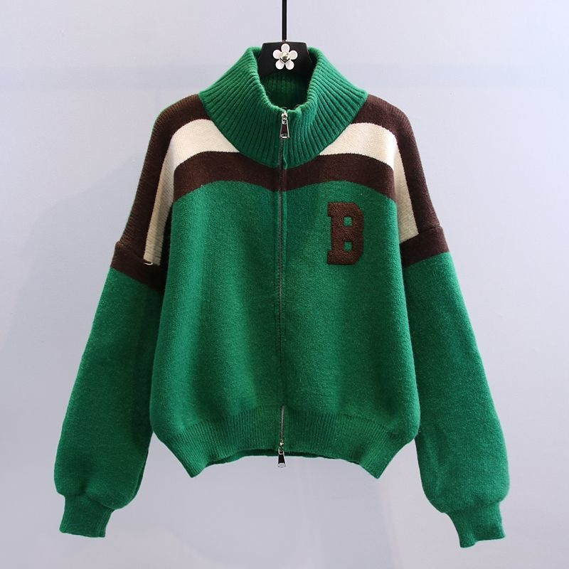 Cardigan tricotat coreean de toamnă, stil leneș, lejer, cu imprimeu floral, culoare asortată cu litere, pulover cu guler înalt pe jumătate, pentru femei_voghion.com