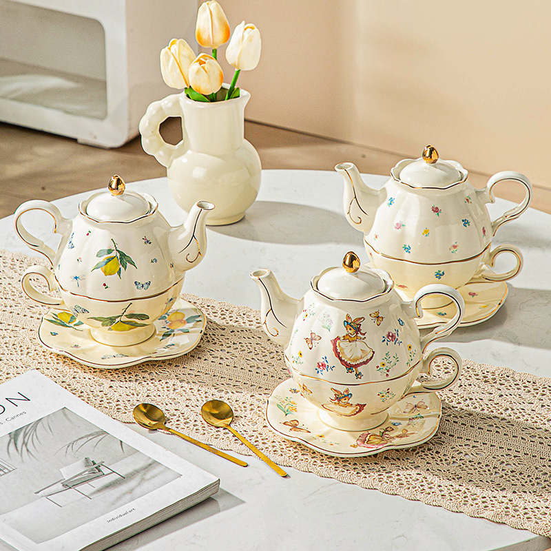 English ceramic Alice rabbit tracing gold mother pot coffee cup wedding gift afternoon tea set teapot