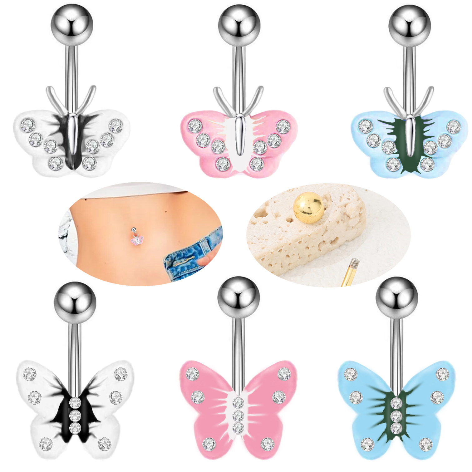 新款滴油小蝴蝶肚脐钉少女心蝴蝶镶钻肚脐环不锈钢穿孔饰品肚脐钉