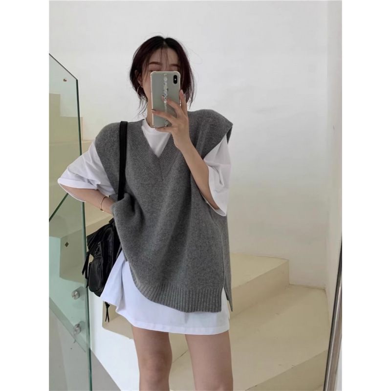Kaning New Autumn and Winter Korean Style Loose V Neck Knitted Vest Women's Outer Wear Sleeveless Sweater Vest Vest