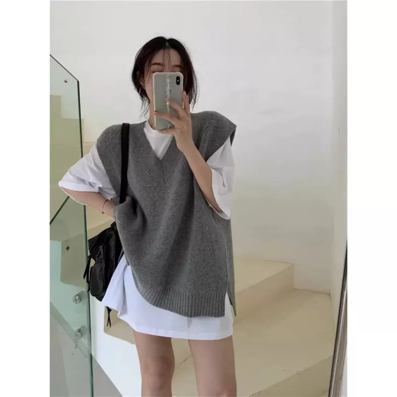 KANING新款秋冬韩版宽松V领针织马甲女外穿中无袖毛衣背心坎肩