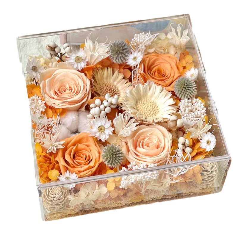 Flor eterna marco de fotos acrílico flor real caja de flores secas regalo decoración del hogar vacaciones flor caja de regalo